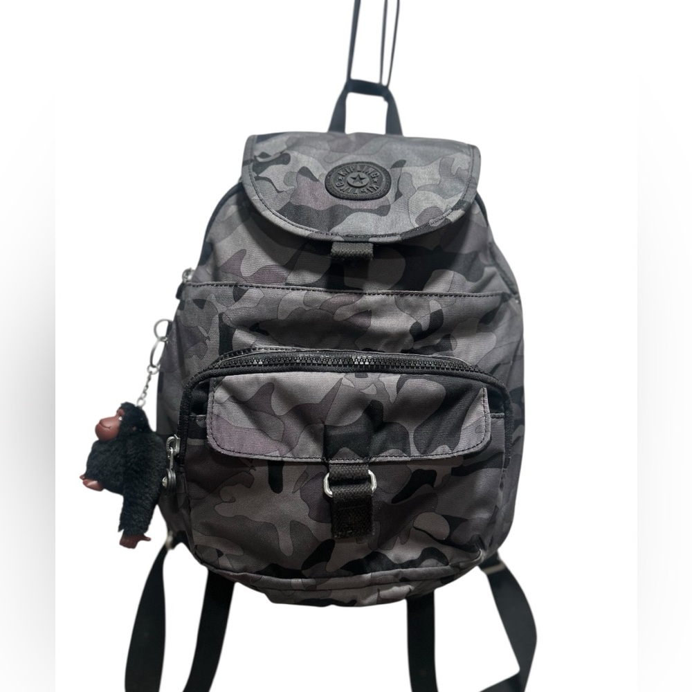 Kipling Camo medium size Backpack. With Monkey keychain